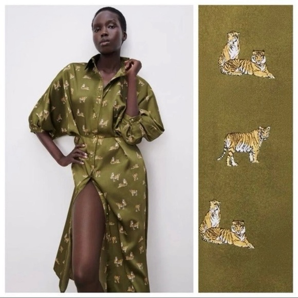 Zara Novelty Tiger Print Button Down Midi Shirt Dress EUC Size Large - Picture 11 of 14